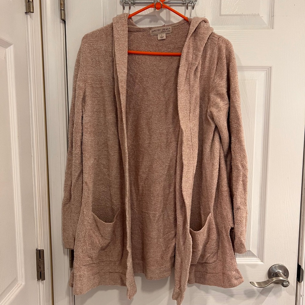 Barefoot Dreams CozyChic Lite Hooded Cardigan Dusty Rose Mauve Open Front‎ Large